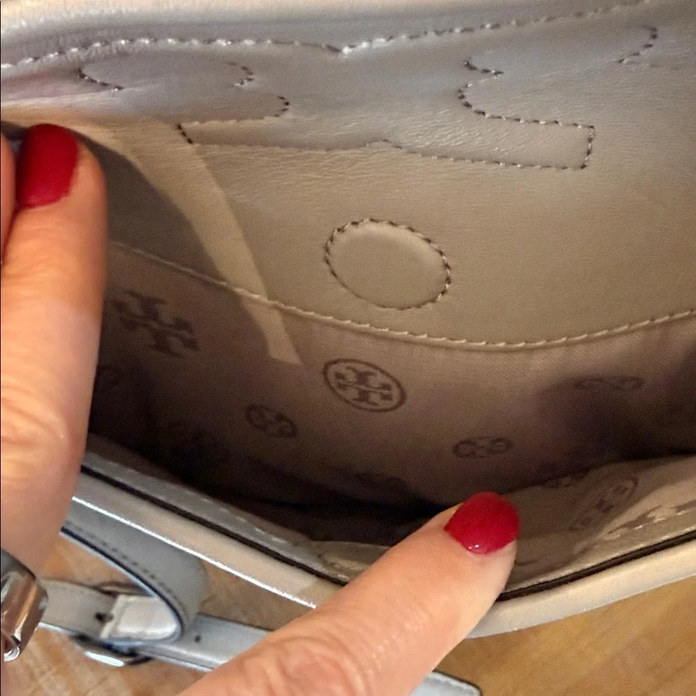 Tory Burch Fleming Satchel Gray Quilted Leather Chain Strap